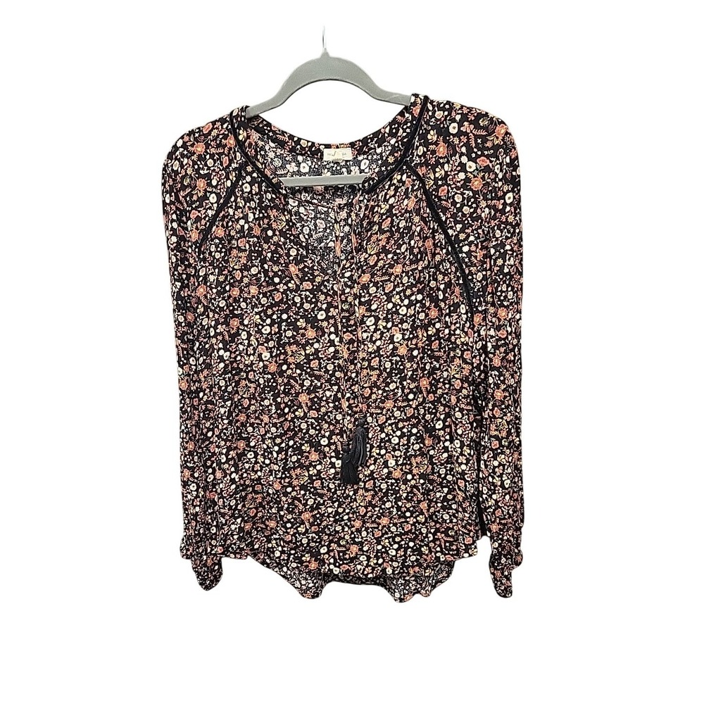Mason & Belle Floral Tassel Tie Peasant Blouse Black XL Boho Long Sleeve Top